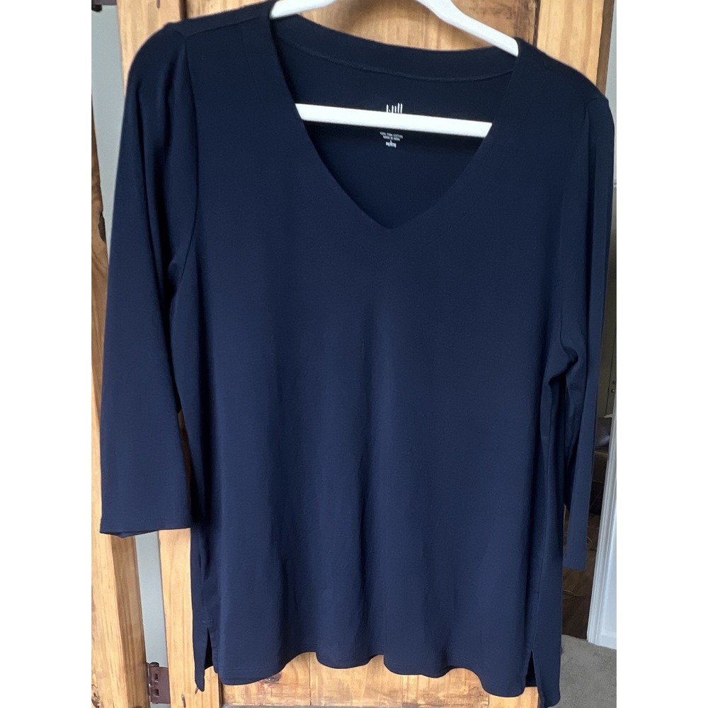 J.Jill Women's Pima Cotton Knit Tunic Top V-Neck 3/4 Sleeve Navy PL